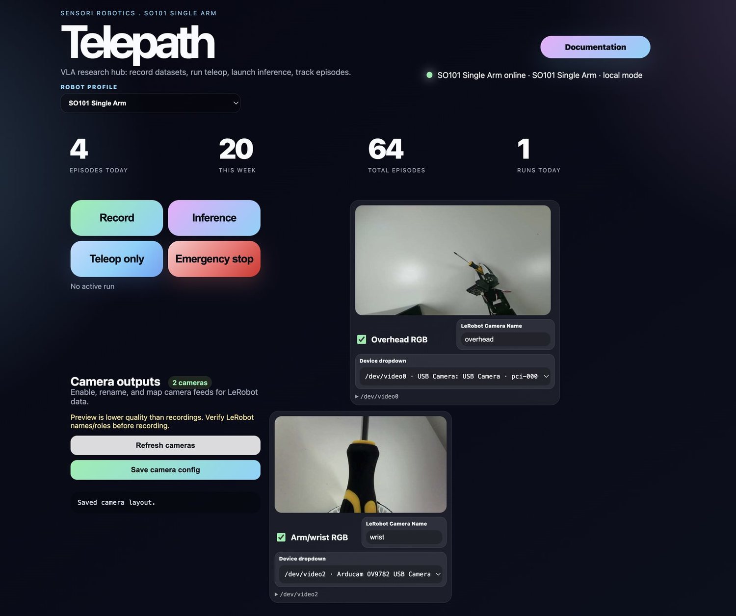 The Telepath home screen showing live camera previews and Record, Inference, Teleop and Emergency stop buttons