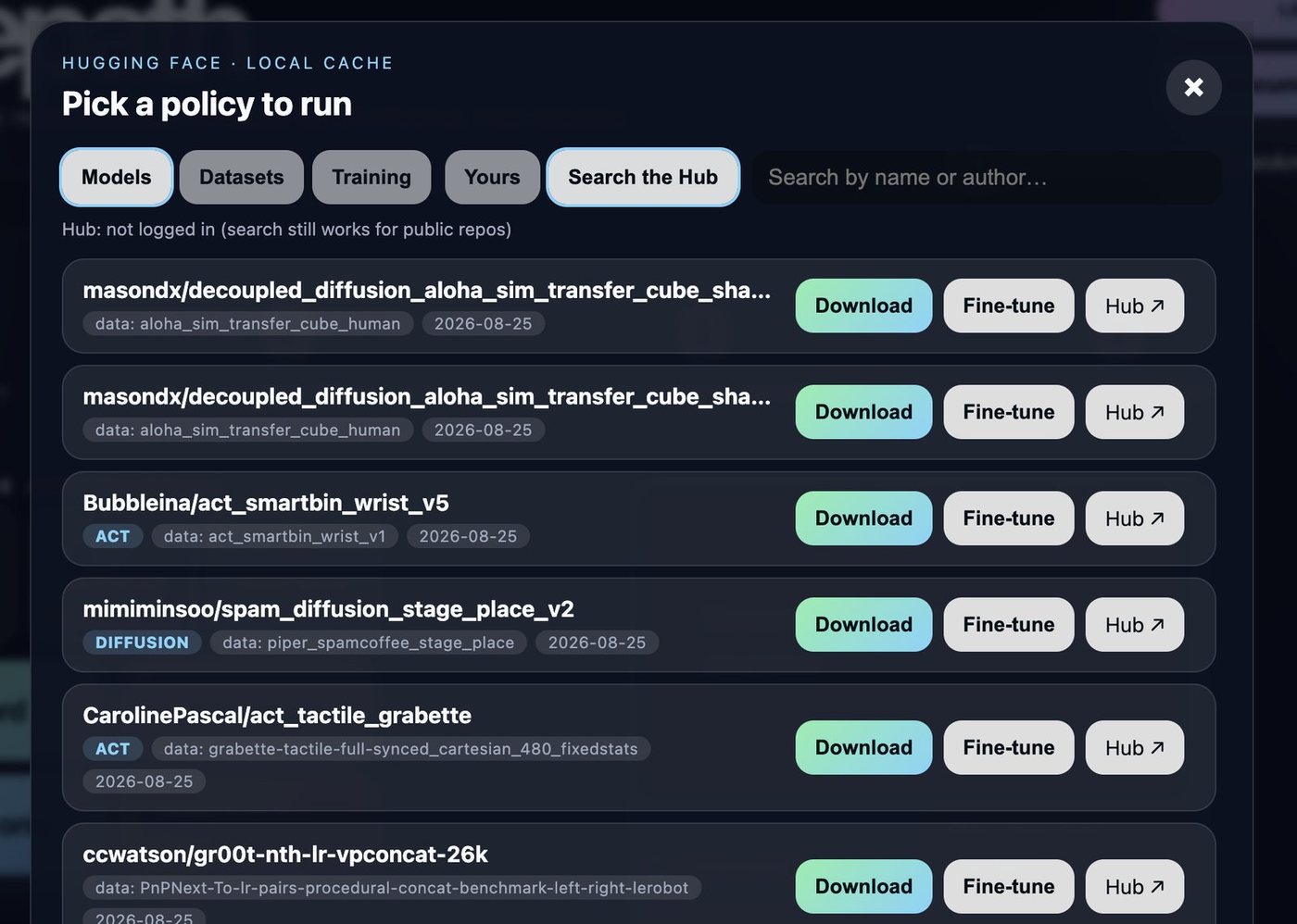 The Telepath Library searching community models on the Hub, each with Download, Fine-tune and Hub actions