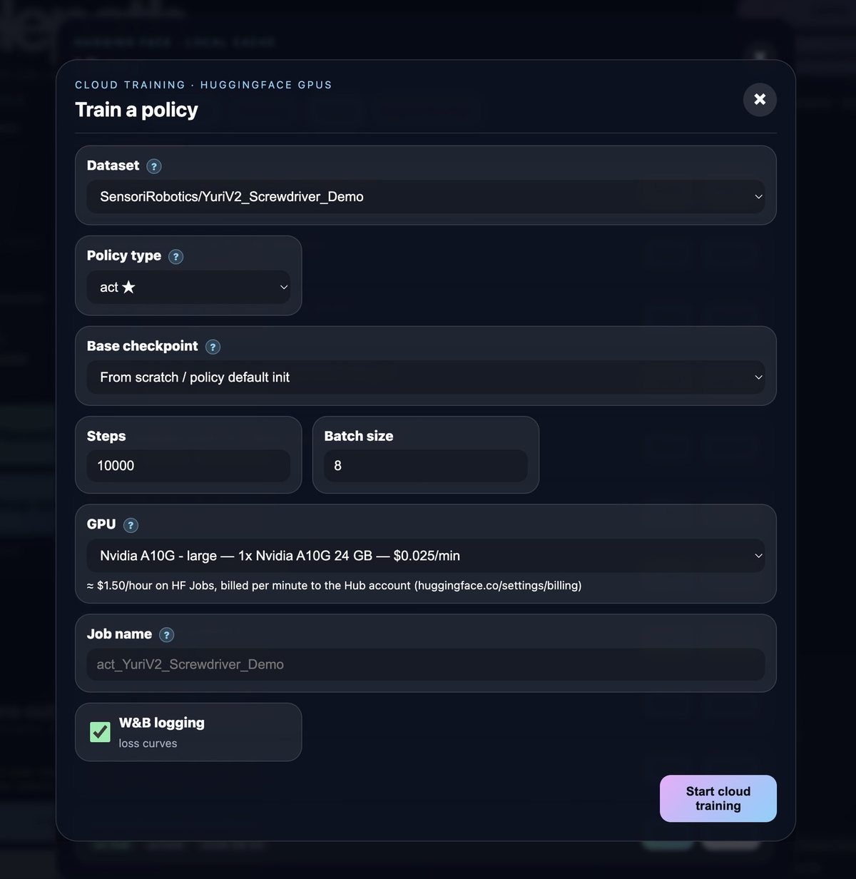 The Telepath cloud training form with dataset, policy type, GPU and per-minute price