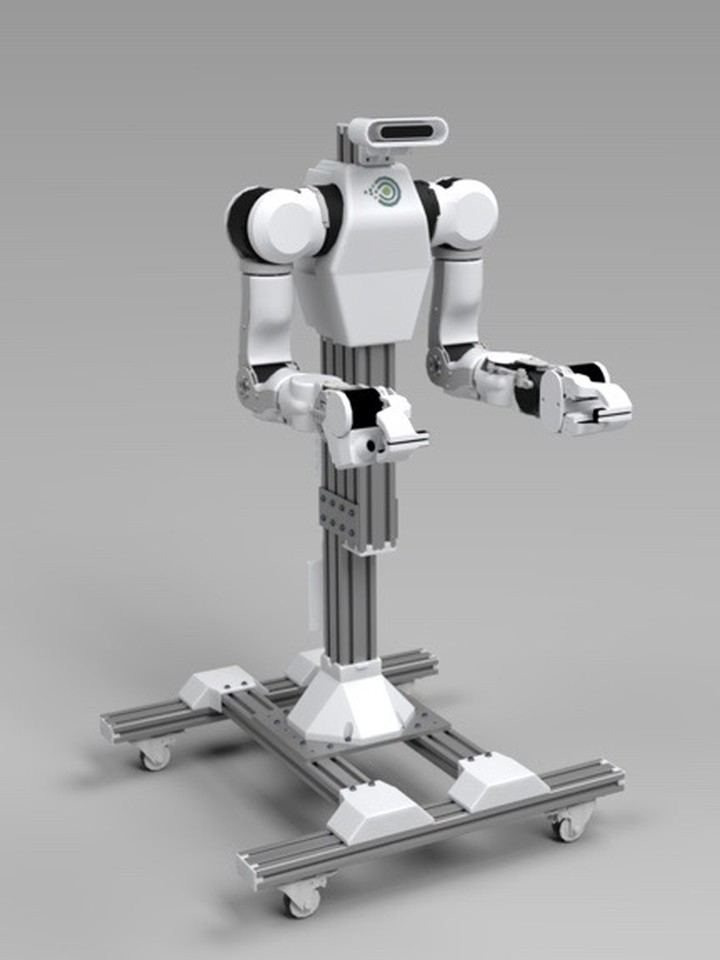 Yuri Desktop — bimanual 8-DOF arms on the integrated desktop stand